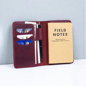 Leather Field Notes Cover | Card Slots, Cash Pockets and Pen Holder | Refillable Pocket Notebook Wallet | Full Grain Leather Passport Wallet