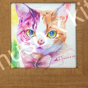 以下が含まれることがあります： 猫の顔を描いた、額装された色鉛筆画。 猫はオレンジと白の毛並みで、青い目をしています。 作品は正方形の木製フレームに入っています。 画像には「mu X kit」という文字が含まれています。