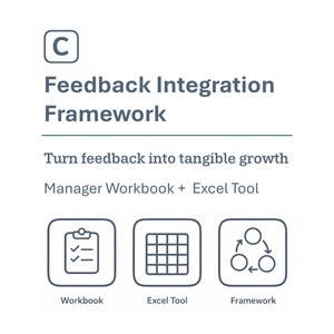 Può includere: Grafica bianca con il testo "Feedback Integration Framework" e lo slogan "Turn feedback into tangible growth". Include icone per Workbook, Excel Tool e Framework. La lettera "C" è in un quadrato in alto.
