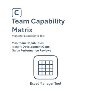 Puede incluir: Gráfico blanco con el texto "Team Capability Matrix" y "Manager Leadership Tool". La imagen incluye un icono de cuadrícula y el texto "Excel Manager Tool". El texto también incluye "Map Team Capabilities", "Identify Development Gaps" y "Guide Performance Reviews".