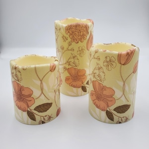 Handcrafted Decopauge Floral LED Pillar Candles Set of 3 w/ Remote Control Timer