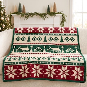 Schema PDF per coperta natalizia a mosaico all'uncinetto / Coperta con villaggio a mosaico sovrapposto / Coperta per le vacanze invernali / Schema natalizio festivo all'uncinetto da scaricare
