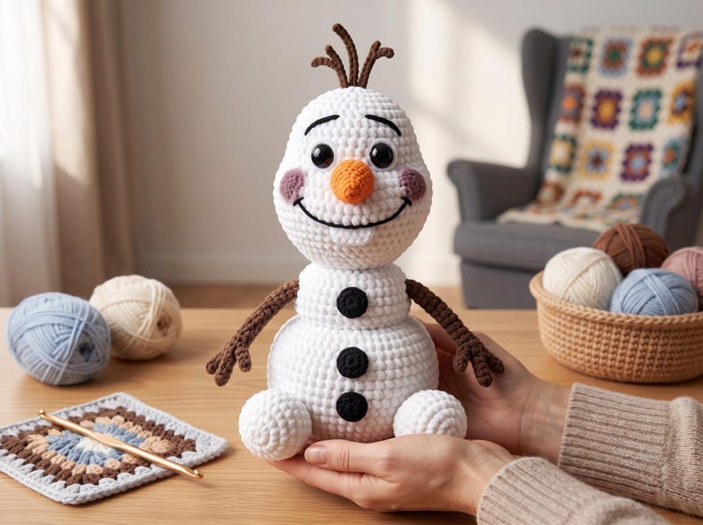 Pu&ograve; includere: Una bambola pupazzo di neve lavorata all'uncinetto in bianco con un naso arancione a forma di carota, occhi a bottone neri, un ampio sorriso ricamato, guance rosa e braccia marroni simili a ramoscelli. Il corpo presenta tre bottoni neri.