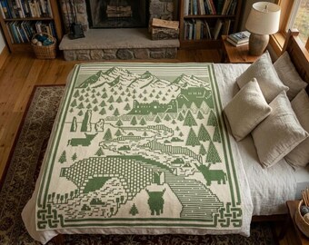 Nature Landscape Mosaic Crochet Blanket Pattern PDF | Mountain Cabin Overlay Mosaic Chart | Afghan Pattern | Tree Decor Digital Download