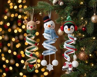 Christmas Wind Spiral Snowman Reindeer Penguin Crochet Pattern | Amigurumi Christmas Tree Decor | Beaded Ornament PDF | Holiday Spiral
