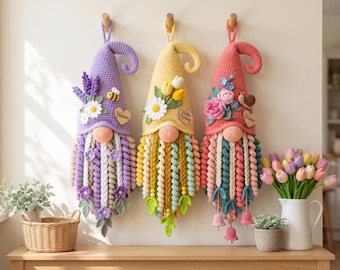 Gnome Trio Crochet Pattern, Corkscrew Spiral Beard Gnome Wall Hanging PDF, Woodland Harvest Celestial Gnome, Boho Fall Winter Crochet Decor