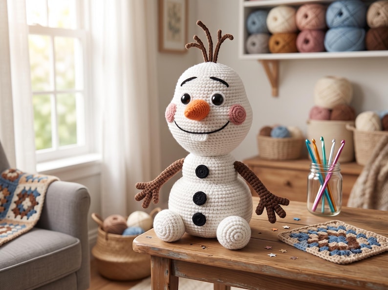 Pu&ograve; includere: Una bambola pupazzo di neve lavorata all'uncinetto in bianco con un naso arancione a forma di carota, occhi a bottone neri, guance rosa e tre bottoni neri sul busto. Ha braccia marroni simili a ramoscelli e capelli marroni sulla testa.