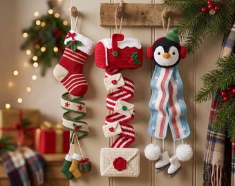 Christmas Crochet Wind Spinner Pattern PDF | Penguin Stockings Mailbox Ornament Crochet Pattern | Amigurumi Holiday Hanging Decor Download