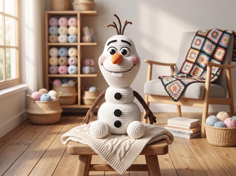 Pu&ograve; includere: Una bambola pupazzo di neve lavorata all'uncinetto in bianco con un naso arancione a forma di carota, tre bottoni neri sul busto, braccia marroni simili a ramoscelli e un singolo dente bianco. Il pupazzo ha guance rosa e capelli di lana marrone.