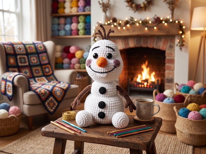 Pu&ograve; includere: Un pupazzo di neve in peluche lavorato all'uncinetto di colore bianco con un naso arancione a forma di carota, occhi a bottone neri, un ampio sorriso cucito e braccia marroni simili a ramoscelli. Ha tre bottoni neri sul busto ed &egrave; seduto.