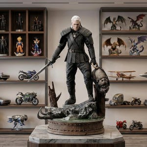 May include: A detailed statue of a character from The Witcher video game, holding a sword and a monster head. The figure is in a black outfit, standing on a detailed base. Shelves in the background display various figurines and model vehicles.