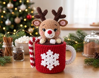 Reindeer Mug Amigurumi Crochet Pattern, Hot Cocoa Deer Plush PDF, Christmas Crochet Animal, Xmas Holiday Decor DIY, Winter Tiered Tray Decor