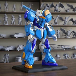 May include: A detailed, blue and white robot model stands on a black base. The model has intricate details and is posed in a dynamic stance. Shelves in the background display various figurines, cars, and aircraft models, creating a collector's display.