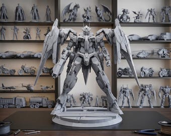 May include: A large, gray model of a robot with large wings, standing on a circular base. The robot is the focal point, with other smaller models of robots, vehicles, and figures on shelves in the background. The scene is well-lit, showcasing the details of the models.