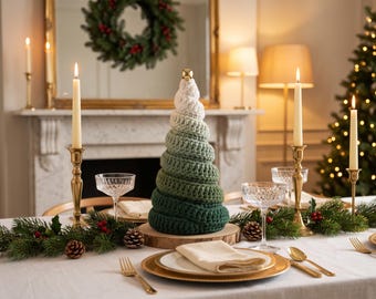 May include: A conical, crocheted Christmas tree decoration featuring a color gradient that transitions from white at the top to dark forest green at the base, topped with a small gold bell, resting on a circular wooden slice base.
