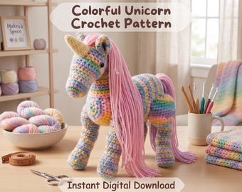 Unicorn Crochet Pattern PDF | Amigurumi Unicorn, Pegasus Crochet Pony Pattern, Cute Colorful Unicorn Toy, Beginner Flying Horse Plushie