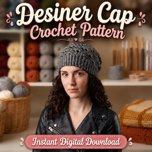 Może przedstawiać: Ciemnoszara czapka wykonana na szydełku z teksturowanym wzorem i ściągaczem. Obraz zawiera tekst "Desiner Cap Crochet Pattern" u góry oraz "Instant Digital Download" u dołu, na tle kłębków włóczki i szydełek.