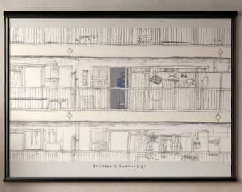 Stillness in Summer Light – Minimalist Apartment Illustration, Japanese Urban Calm Wall Art