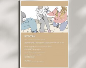 Initiation – Japanese Culture Illustration Print, Smoking Corner Scene, Friendship & Adulthood Reflection Digital Wall Art