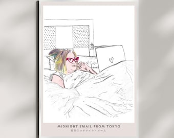 Midnight Email from Tokyo – Japan Night Scene, Remote Work Illustration