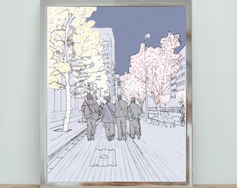 Walking Home Together – Japanese Night Illustration, Friendship & Distance Wall Art