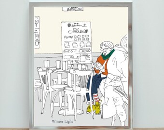 Winter Café Reading Scene Print – Japanese Solitude Illustration (Digital Download)