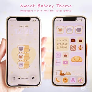 Könnte beinhalten: Zwei Smartphones, die ein "Sweet Bakery Theme" mit Hintergrundbildern und Icon-Paketen anzeigen. Die Bildschirme zeigen Cartoon-Brotfiguren und Icons zum Thema Bäckerei in Pastellfarben. Der Text "Sweet Bakery Theme" ist oben sichtbar.