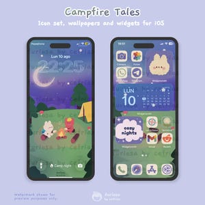 May include: Two smartphones displaying a Campfire Tales icon set, wallpapers, and widgets for iOS. The screens feature a purple and green night scene with cartoon characters by a campfire, custom app icons, and calendar widgets with text.