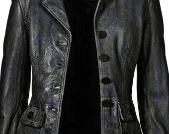 Chaqueta tipo blazer de cuero genuino estilo vintage para mujer, abrigo urbano de corte ajustado.