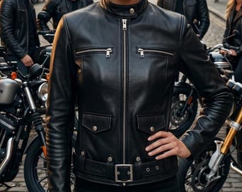 Chaqueta de cuero negra estilo motero para mujer – Corte ajustado, estilo motociclista, con cinturón y bolsillos con cremallera.