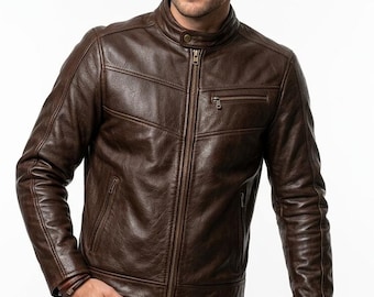Chaqueta de moto para hombre de cuero auténtico marrón, cuello alto y bolsillos con cremallera.