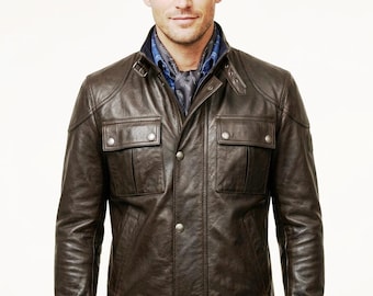 Chaqueta de motociclista de cuero genuino negro para hombre / Abrigo de estilo urbano de motociclista de corte ajustado