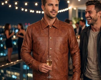 Chaqueta camisera de cuero marrón para hombre, estilo vintage, tipo camionero, ideal para regalar.