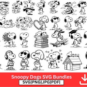 Op de afbeelding: Een verzameling zwart-wit illustraties van Snoopy-honden in verschillende poses, waaronder Snoopy met een hart, op een skateboard en lezend. De afbeelding bevat de tekst "50+ Designs" en "Snoopy Dogs SVG Bundles".