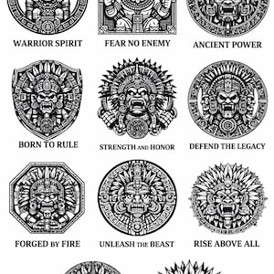 Puede incluir: Una colección de ilustraciones en blanco y negro de inspiración azteca. Cada diseño presenta un rostro detallado con tocados y patrones intrincados, acompañado de frases como "Warrior Spirit" y "Fear No Enemy".