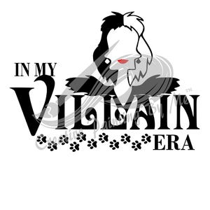 Puede incluir: Gráfico en blanco y negro con el texto "IN MY VILLAIN ERA" y huellas de patas. La imagen presenta una ilustración estilizada de un personaje con labios rojos y un peinado en blanco y negro.