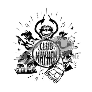 May include: Black and white illustration of a band with the text "Club Mayhem". The image features a drummer, guitar player, keyboardist, and a saxophone player. Musical notes and stars surround the band.