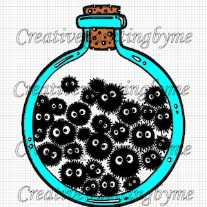Soot sprites in a bottle SVG, Studio Ghibli, My Neighbor Totoro, dusty corners, boiler room workers, friendly