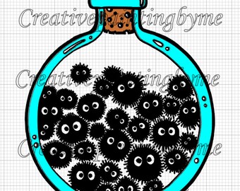 Soot sprites in a bottle SVG, Studio Ghibli, My Neighbor Totoro, dusty corners, boiler room workers, friendly