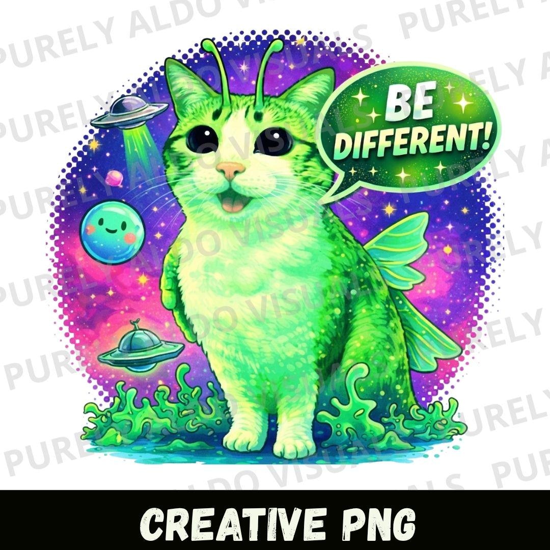 Alien Cat Art Print – Vibrant Retro Sci-fi Sticker Design (digital ...
