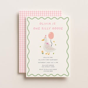 One Silly Goose Birthday Invitation | Pink Gingham First Birthday Girl (Digital Download)