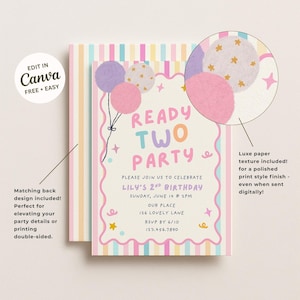 May include: A birthday invitation card featuring pastel vertical stripes and a scalloped border. The text reads READY TWO PARTY, LILY'S 2ND BIRTHDAY, and event details. Illustrations include purple, pink, and star-patterned balloons.