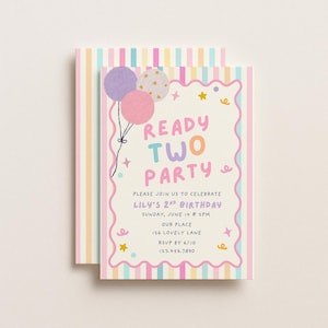 May include: A rectangular birthday invitation card with a scalloped pink border on a cream background. It features three balloons, stars, and the text READY TWO PARTY, LILY'S 2ND BIRTHDAY, SUNDAY, JUNE 14 @ 2PM, OUR PLACE, 126 LOVELY LANE, RSVP BY 6/10, 123.456.7890.