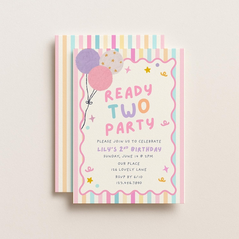 May include: A rectangular birthday invitation card with a scalloped pink border on a cream background. It features three balloons, stars, and the text READY TWO PARTY, LILY'S 2ND BIRTHDAY, SUNDAY, JUNE 14 @ 2PM, OUR PLACE, 126 LOVELY LANE, RSVP BY 6/10, 123.456.7890.