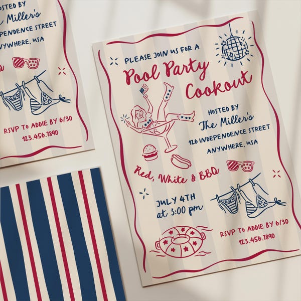 4th of July BBQ Pool Party Invitation | Red White Blue Summer Cookout (Digital Download)