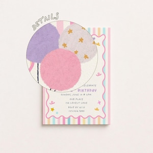 May include: A rectangular birthday invitation card featuring vertical pastel stripes in pink, yellow, and blue. A circular magnifying glass overlay shows a textured detail of three balloons in purple, pink, and beige with yellow stars.