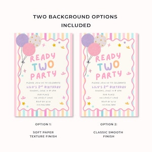 May include: Two birthday invitation templates with text reading READY TWO PARTY, PLEASE JOIN US TO CELEBRATE LILY'S 2ND BIRTHDAY, SUNDAY, JUNE 14 @ 2PM, OUR PLACE, 126 LOVELY LANE, RSVP BY 6/10, 123.456.7890, featuring balloons, stars, and striped borders.