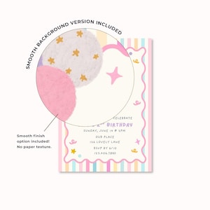 May include: A birthday invitation card featuring vertical pastel stripes in pink, blue, and yellow. The center has a cream-colored area with a scalloped pink border, decorated with small stars and swirls. Text includes CELEBRATE, BIRTHDAY, and details.