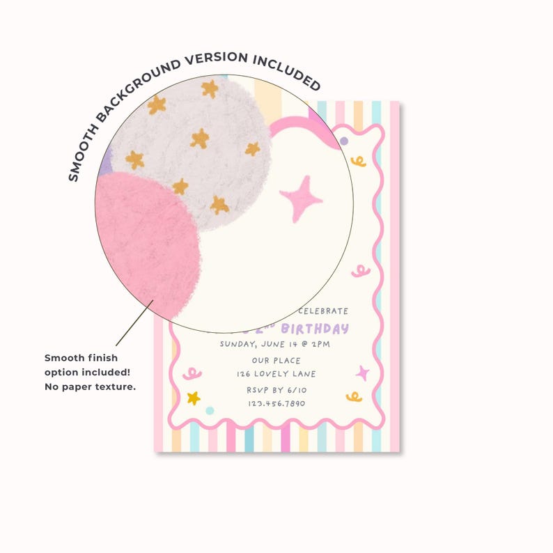 May include: A birthday invitation card featuring vertical pastel stripes in pink, blue, and yellow. The center has a cream-colored area with a scalloped pink border, decorated with small stars and swirls. Text includes CELEBRATE, BIRTHDAY, and details.