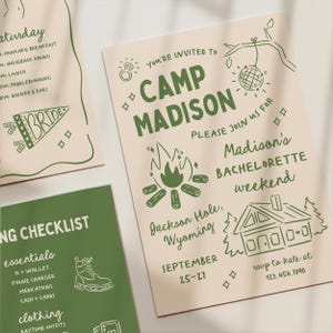 May include: A cream-colored invitation card with dark green text and line art illustrations. The text reads YOU'RE INVITED TO CAMP MADISON, MADISON'S BACHELORETTE WEEKEND, JACKSON HOLE, WYOMING, SEPTEMBER 25-27, and RSVP TO KATE AT 123.456.1890.